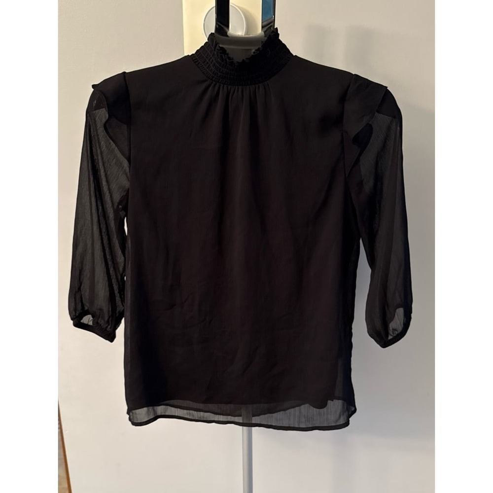 I.N. Studio Petites Women's Black Sheer Billowy Sleeves Ruffled High Neckline PS